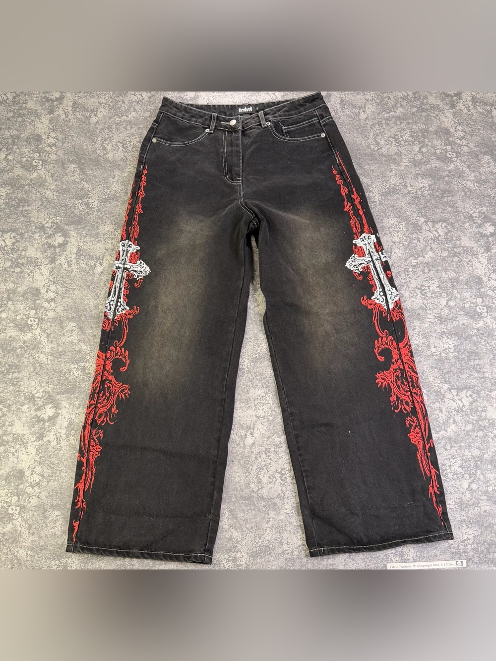 BRUISED Black Graphic Cross Jeans Baggy Wide Leg Y2K Mall Goth Size 30